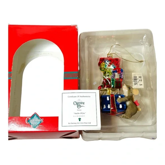 Charming Tails Blown Glass Christmas Tree Ornament Stacks Of Joy In Box with tag - Picture 8 of 10